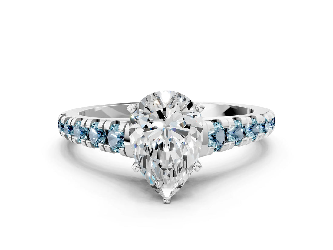 White gold Pear Cut Diamond Cathedral Solitaire Ring with Round with Aquamarine side stone Pavé Band_12