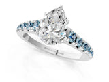 White gold Pear Cut Diamond Cathedral Solitaire Ring with Round with Aquamarine side stone Pavé Band_13