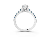 White gold Pear Cut Diamond Cathedral Solitaire Ring with Round with Aquamarine side stone Pavé Band_15