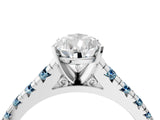 White gold Pear Cut Diamond Cathedral Solitaire Ring with Round with Aquamarine side stone Pavé Band_16