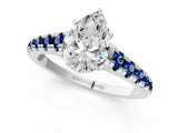 White gold Pear Cut Diamond Cathedral Solitaire Ring with Round with Blue Sapphire side stone Pavé Band_13