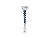 White gold Pear Cut Diamond Cathedral Solitaire Ring with Round with Blue Sapphire side stone Pavé Band_14