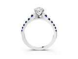 White gold Pear Cut Diamond Cathedral Solitaire Ring with Round with Blue Sapphire side stone Pavé Band_15