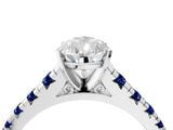 White gold Pear Cut Diamond Cathedral Solitaire Ring with Round with Blue Sapphire side stone Pavé Band_16