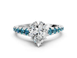 White gold Pear Cut Diamond Cathedral Solitaire Ring with Round with Blue Topaz side stone Pavé Band_12