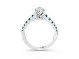 White gold Pear Cut Diamond Cathedral Solitaire Ring with Round with Blue Topaz side stone Pavé Band_15
