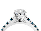 White gold Pear Cut Diamond Cathedral Solitaire Ring with Round with Blue Topaz side stone Pavé Band_16
