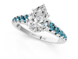 White gold Pear Cut Diamond Cathedral Solitaire Ring with Round with Blue Topaz side stone Pavé Band_1