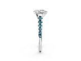 White gold Pear Cut Diamond Cathedral Solitaire Ring with Round with Blue Topaz side stone Pavé Band_2