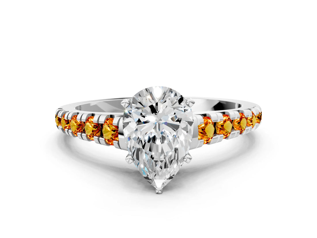 White gold Pear Cut Diamond Cathedral Solitaire Ring with Round with Citrine side stone Pavé Band_24