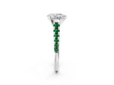 White gold Pear Cut Diamond Cathedral Solitaire Ring with Round with Emerald side stone Pavé Band_2