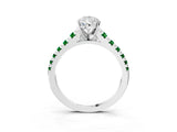 White gold Pear Cut Diamond Cathedral Solitaire Ring with Round with Emerald side stone Pavé Band_3