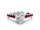 White gold Pear Cut Diamond Cathedral Solitaire Ring with Round with Garnet side stone Pavé Band_12
