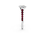 White gold Pear Cut Diamond Cathedral Solitaire Ring with Round with Garnet side stone Pavé Band_14