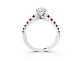 White gold Pear Cut Diamond Cathedral Solitaire Ring with Round with Garnet side stone Pavé Band_15