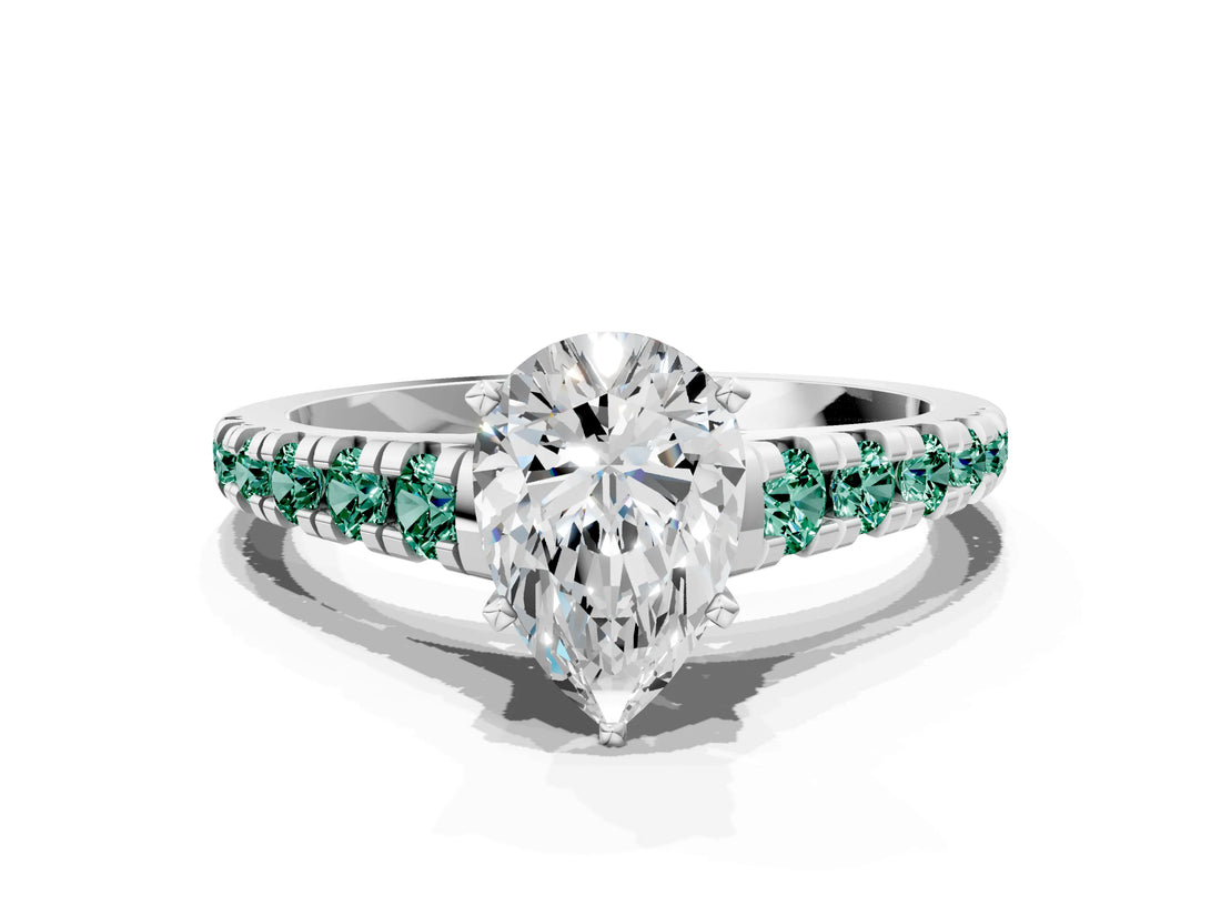 White gold Pear Cut Diamond Cathedral Solitaire Ring with Round with Green Sapphire side stone Pavé Band_12
