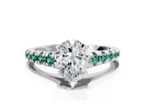 White gold Pear Cut Diamond Cathedral Solitaire Ring with Round with Green Sapphire side stone Pavé Band_12