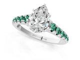 White gold Pear Cut Diamond Cathedral Solitaire Ring with Round with Green Sapphire side stone Pavé Band_13