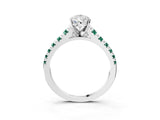 White gold Pear Cut Diamond Cathedral Solitaire Ring with Round with Green Sapphire side stone Pavé Band_15