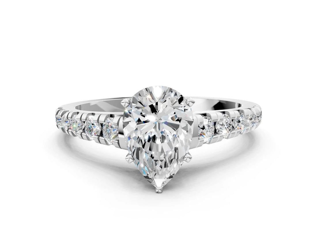 White gold Pear Cut Diamond Cathedral Solitaire Ring with Round with Moissanite side stone Pavé Band_24
