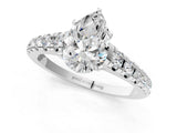 White gold Pear Cut Diamond Cathedral Solitaire Ring with Round with Moissanite side stone Pavé Band_25