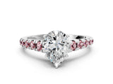 White gold Pear Cut Diamond Cathedral Solitaire Ring with Round with Morganite side stone Pavé Band_12