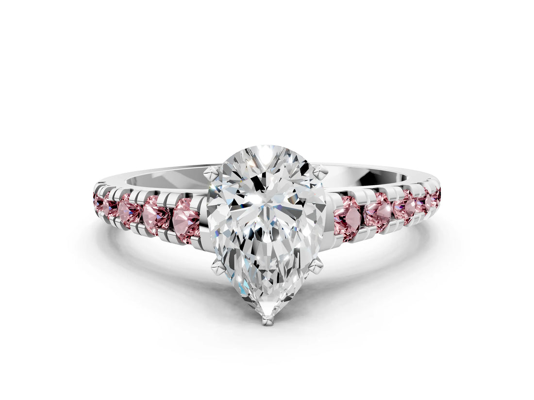 White gold Pear Cut Diamond Cathedral Solitaire Ring with Round with Morganite side stone Pavé Band_12