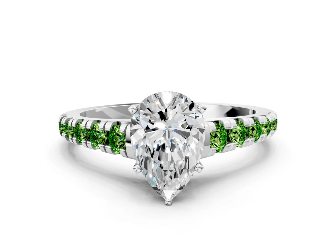 White gold Pear Cut Diamond Cathedral Solitaire Ring with Round with Peridot side stone Pavé Band_18