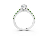 White gold Pear Cut Diamond Cathedral Solitaire Ring with Round with Peridot side stone Pavé Band_3