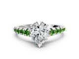White gold Pear Cut Diamond Cathedral Solitaire Ring with Round with Peridot side stone Pavé Band_6