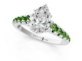 White gold Pear Cut Diamond Cathedral Solitaire Ring with Round with Peridot side stone Pavé Band_7