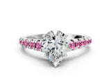 White gold Pear Cut Diamond Cathedral Solitaire Ring with Round with Pink Sapphire side stone Pavé Band_12