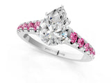 White gold Pear Cut Diamond Cathedral Solitaire Ring with Round with Pink Sapphire side stone Pavé Band_13