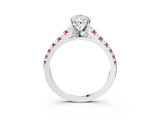 White gold Pear Cut Diamond Cathedral Solitaire Ring with Round with Pink Sapphire side stone Pavé Band_15
