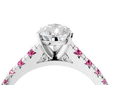 White gold Pear Cut Diamond Cathedral Solitaire Ring with Round with Pink Sapphire side stone Pavé Band_16