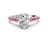 White gold Pear Cut Diamond Cathedral Solitaire Ring with Round with Pink Sapphire side stone Pavé Band_18