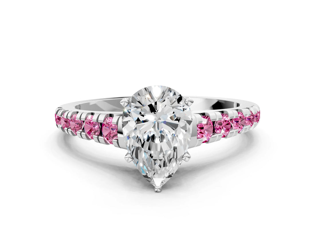 White gold Pear Cut Diamond Cathedral Solitaire Ring with Round with Pink Sapphire side stone Pavé Band_18