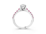 White gold Pear Cut Diamond Cathedral Solitaire Ring with Round with Pink Sapphire side stone Pavé Band_21