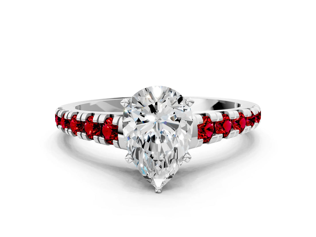 White gold Pear Cut Diamond Cathedral Solitaire Ring with Round with Ruby side stone Pavé Band_24