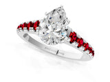 White gold Pear Cut Diamond Cathedral Solitaire Ring with Round with Ruby side stone Pavé Band_25