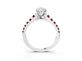 White gold Pear Cut Diamond Cathedral Solitaire Ring with Round with Ruby side stone Pavé Band_27