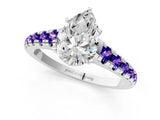 White gold Pear Cut Diamond Cathedral Solitaire Ring with Round with Tanzanite side stone Pavé Band_1
