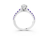 White gold Pear Cut Diamond Cathedral Solitaire Ring with Round with Tanzanite side stone Pavé Band_3
