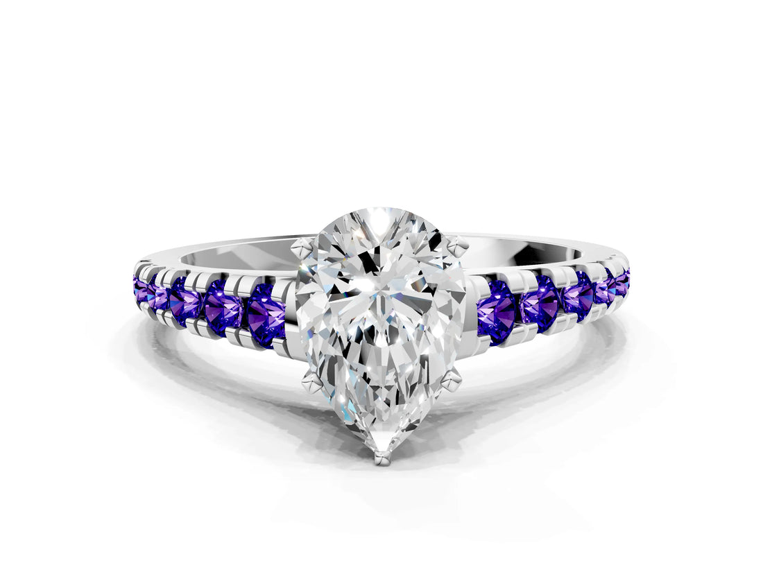 White gold Pear Cut Diamond Cathedral Solitaire Ring with Round with Tanzanite side stone Pavé Band