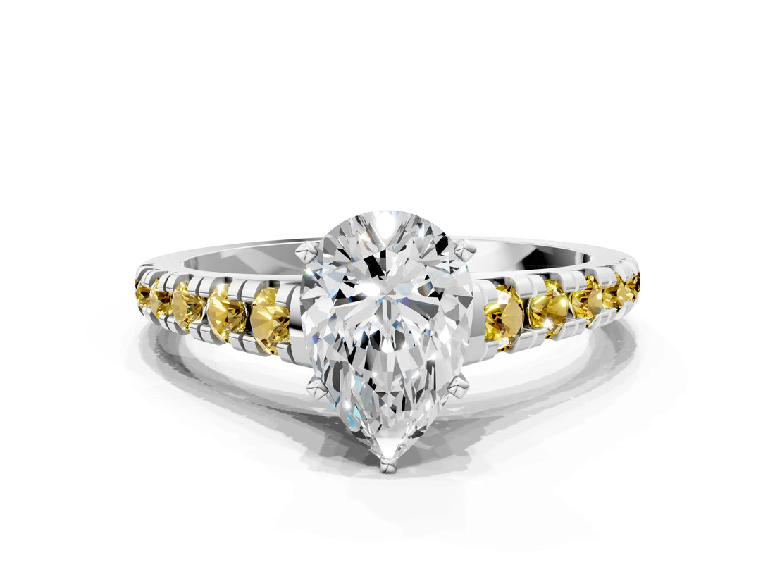 White gold Pear Cut Diamond Cathedral Solitaire Ring with Round with Yellow Sapphire side stone Pavé Band_36