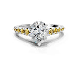 White gold Pear Cut Diamond Cathedral Solitaire Ring with Round with Yellow Sapphire side stone Pavé Band_36