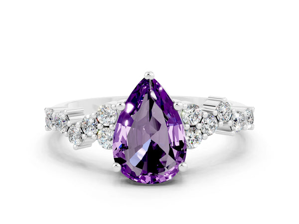 White gold Pear Cut Amethyst Scattered Round Accent Ring with Prong Setting
