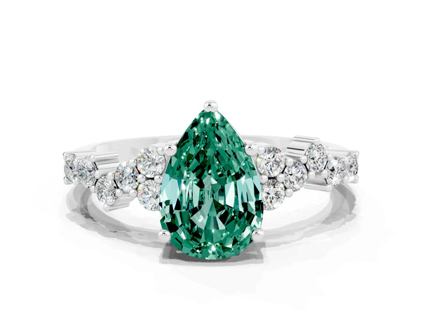 Platinum Pear Cut Green Sapphire Scattered Round Accent Ring with Prong Setting