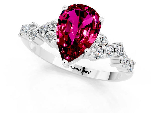 Platinum Pear Cut Garnet Scattered Round Accent Ring with Prong Setting