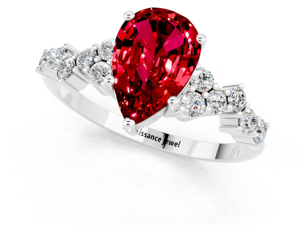 Silver Pear Cut Ruby Scattered Round Accent Ring with Prong Setting
